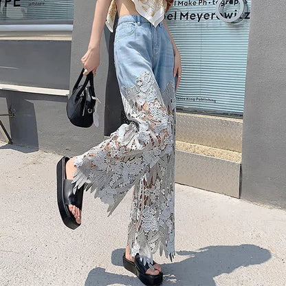 High Waist Lace Stitching Hollow Out Fringed Denim Pants