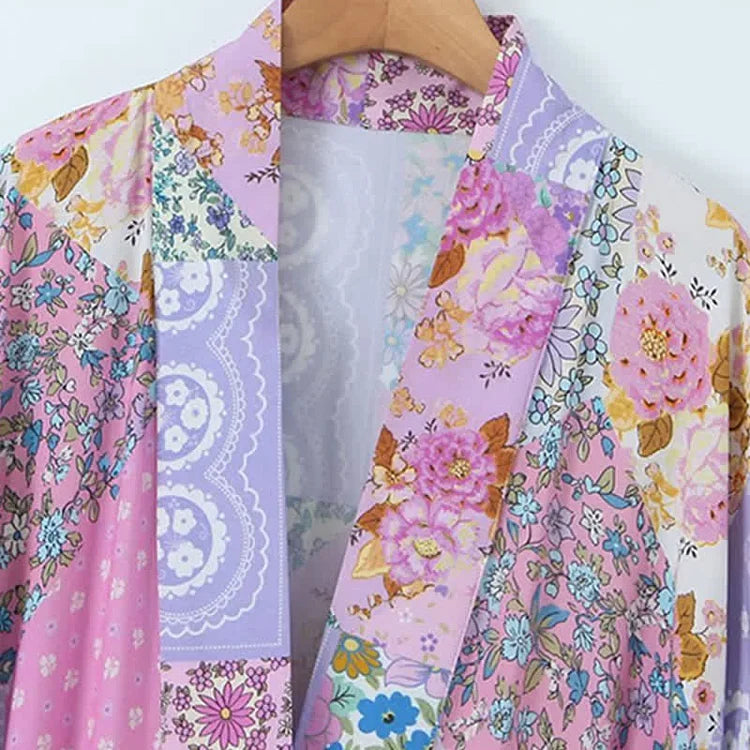 Vintage Floral Print Colorblock Robe Cardigan Kimono Outerwear