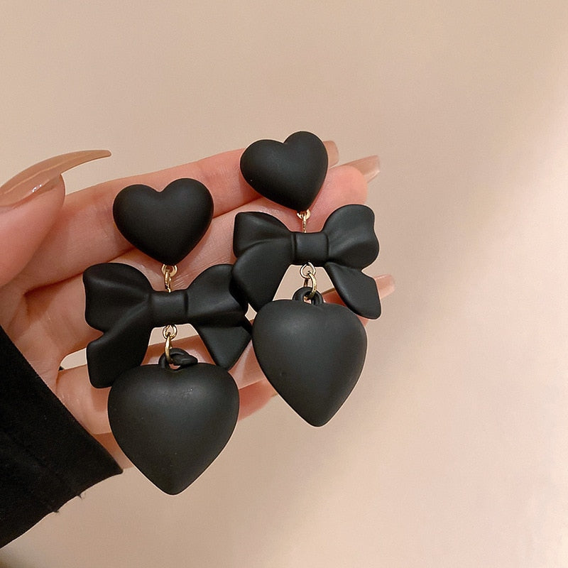 Kawaii Black Bowknot Heart Dangle Earrings