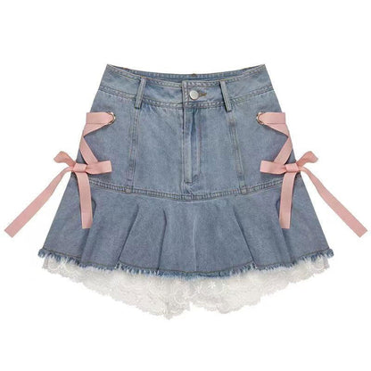 Y2K Ribbon Lace Up Pleated Denim Mini Skirt
