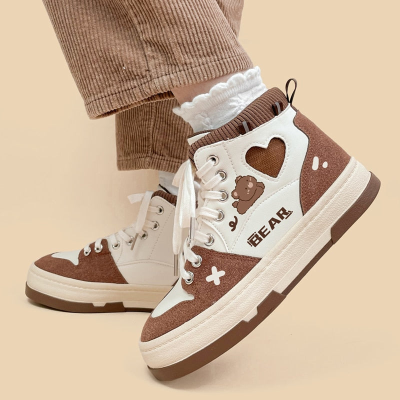 Kawaii Crop Heart Shape Bear Letter Sneakers