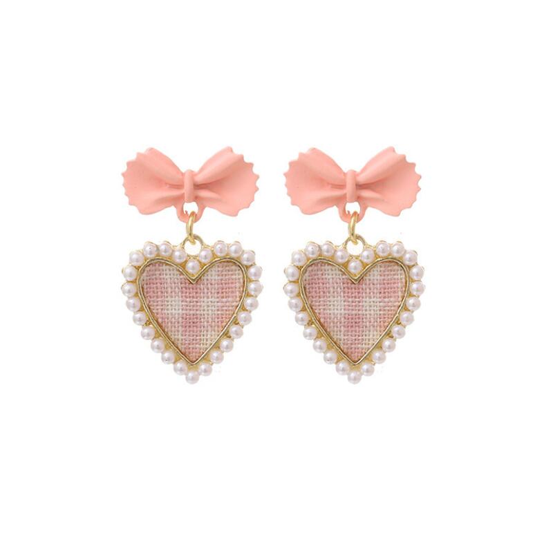 Bowknot Love Grid Pearl Heart Earrings