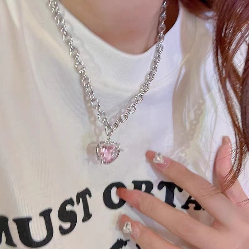 Y2K Crystal Heart Stars Pendant Necklace Earrings