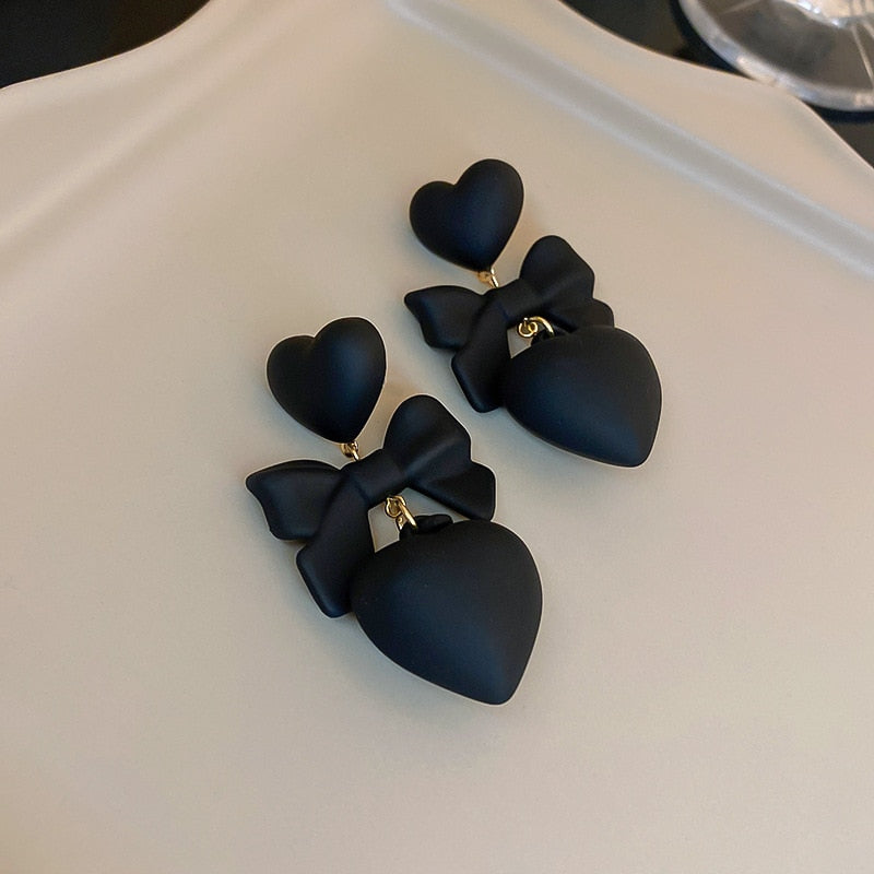 Kawaii Black Bowknot Heart Dangle Earrings