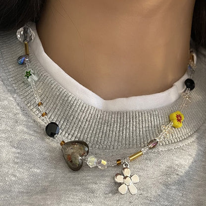 Flower Crystal Class Gravel Beaded Pendant Necklace