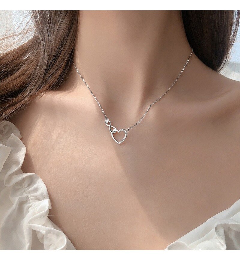 Kawaii Silver Zircon Hollow Heart Necklace
