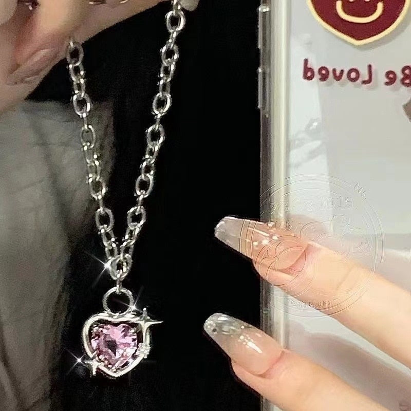 Y2K Crystal Heart Stars Pendant Necklace Earrings