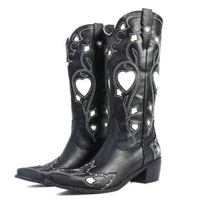Rose Heart Embroidered Mid-Calf Boots