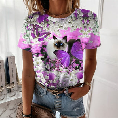 Butterfly Floral Print Cat T-Shirt