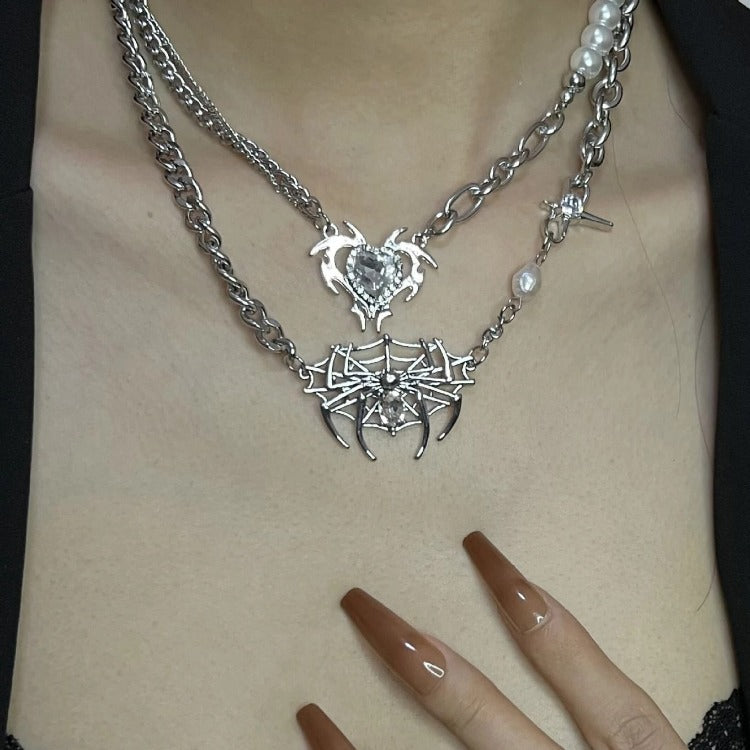 Gothic Spider Web Thorns Love Heart Necklaces