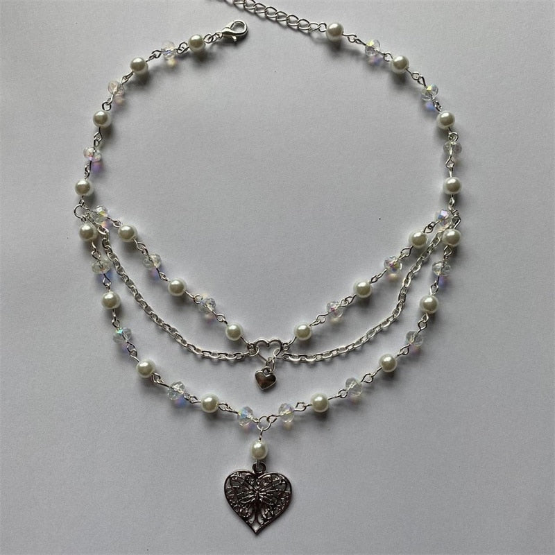 Butterfly Heart Pearl Fairycore Pendant Necklace
