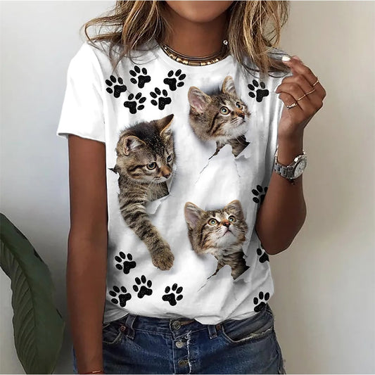 Playful Cat & Paw Print T-Shirt
