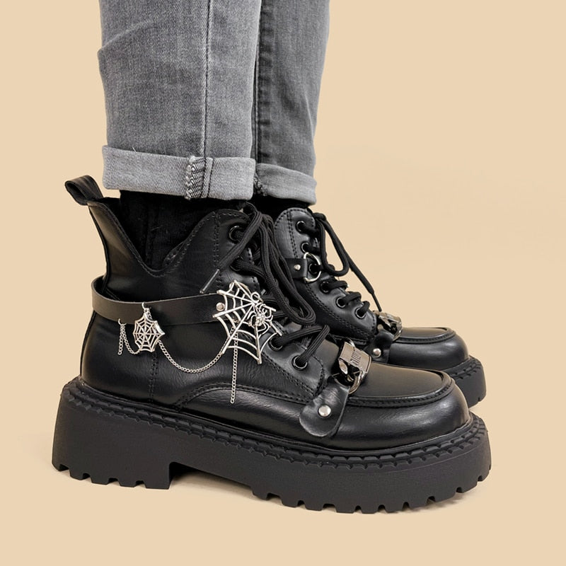 Kawaii Punk Gothic Chain Spider Web Boots