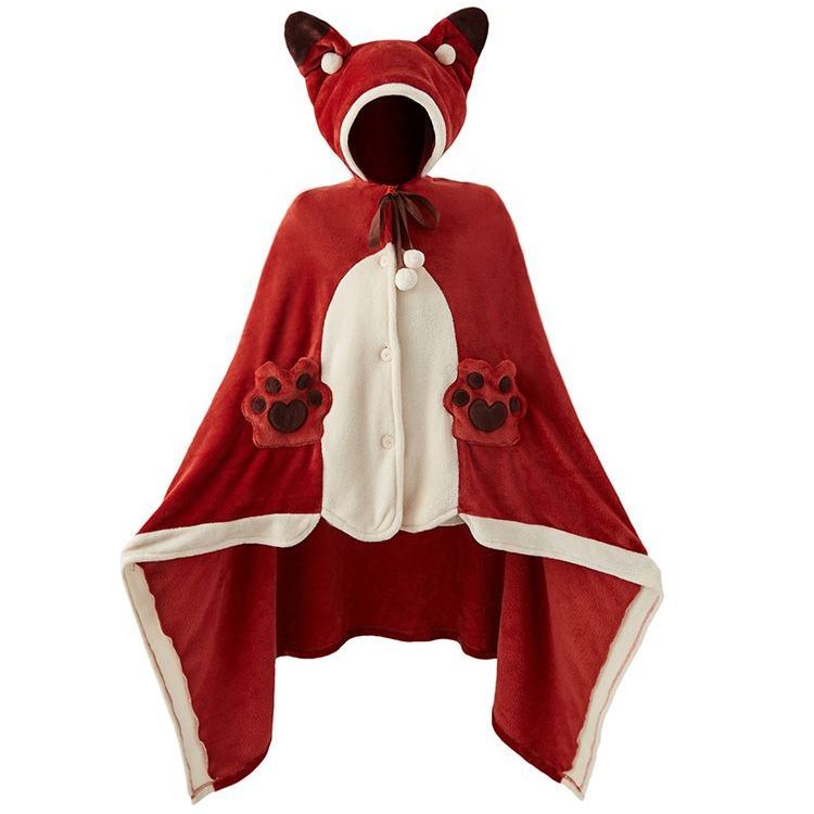 Kawaii Cartoon Red Fox Hooded Blanket Pajamas