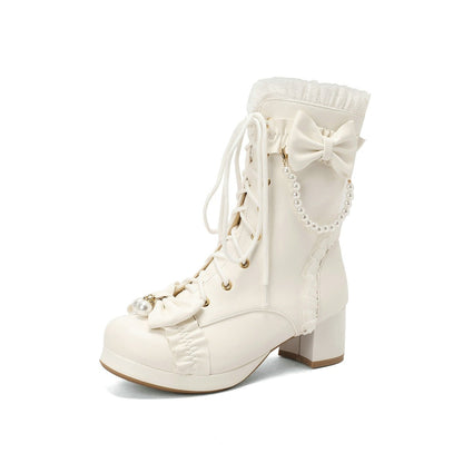 Lolita Sweet Bow Beads Platform Lace Up Boots