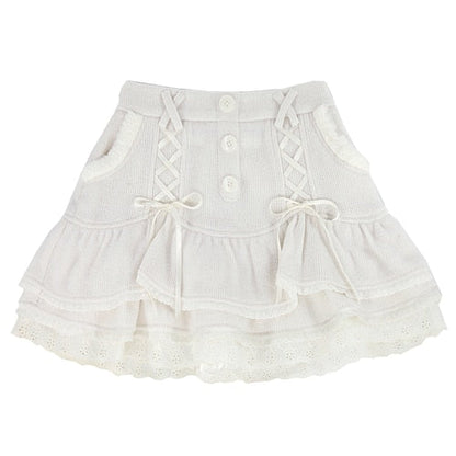 Kawaii Button Lace High Waist Mini Skirt Shirt Vest Three Piece