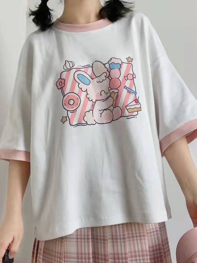 Kawaii Bunny Foodie Cartoon Print T-shirt