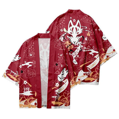 Vintage Fox Mask Print Cosplay Kimono Outerwear
