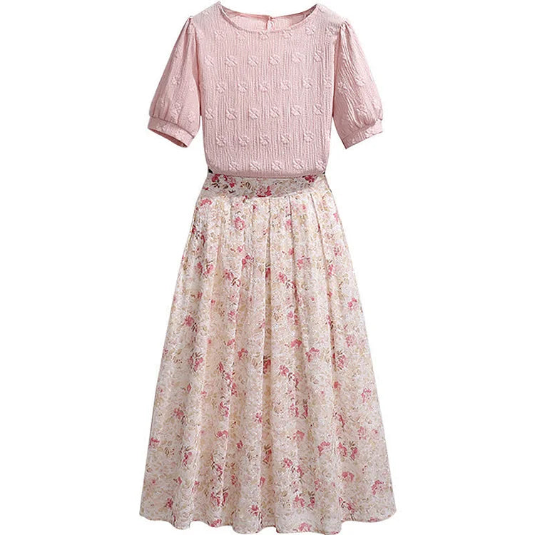 Vintage Pure Color Round Neck Puff Sleeve T-Shirt Floral Print Pleated Skirt