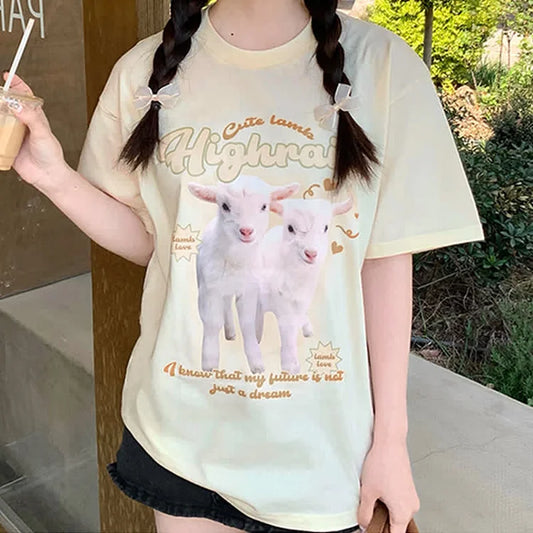 Kawaii Lamb Letter Print Round Neck Oversized T-Shirt
