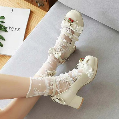 Lolita Bow Lace Strawberry Mary Janes Shoes