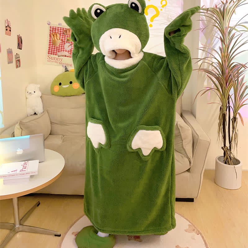 Kawaii Cartoon Frog Plush Hooded Jumpsuit Pajamas Dress