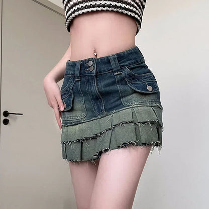 High Waist Double-Layer Pleated Mini Denim Skirt