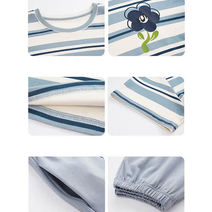 Colorblock Striped Flower Print Summer Cotton Pajamas Set
