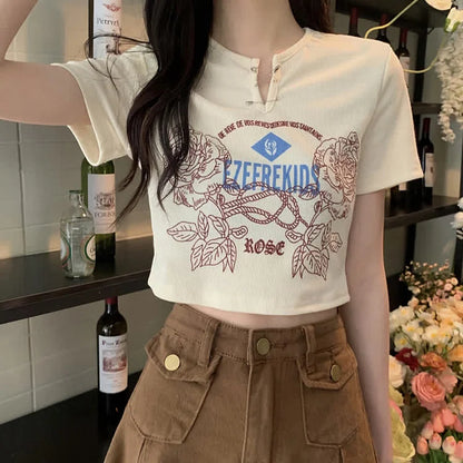 Retro Rose Letter Print Crop Top T-Shirt Split Denim Skirt