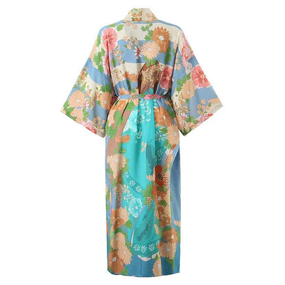 Vintage Floral Print Colorblock Robe Cardigan Kimono Outerwear