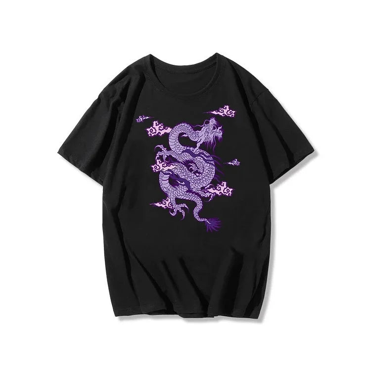 Vintage Dragon Print Round Neck Casual T-Shirt