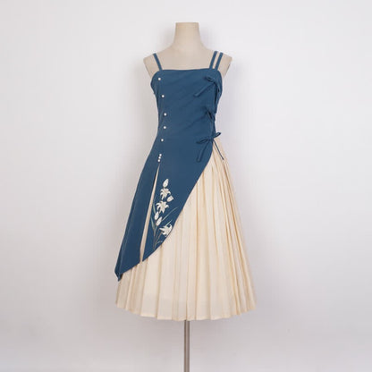 Vintage Floral Embroidery Pleated Slip Dress Hanfu Two Piece Set