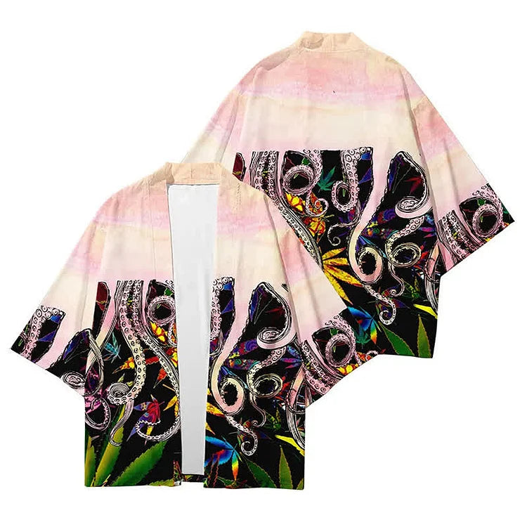 Vintage Octopus Colorblock Print Cardigan Kimono Outerwear