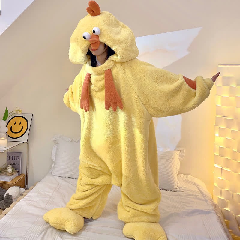 Kawaii Funny Cartoon Chicken Plush Hooded Jumpsuit Pajamas
