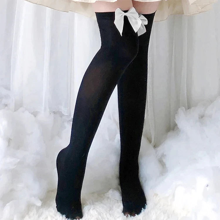 Pure Color Bow Decor Lolita Stockings