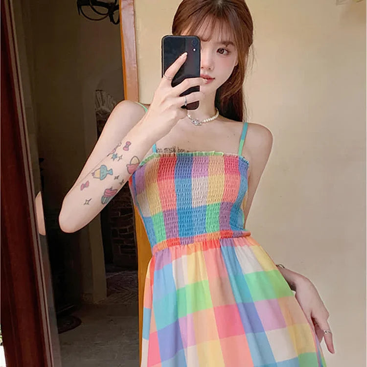 Chic Colorblock Rainbow Plaid Print A-line Slip Dress