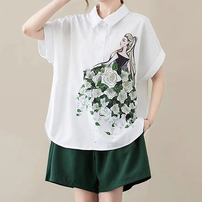 Chic Blossom Girl Print Chiffon T-Shirt Casual Shorts