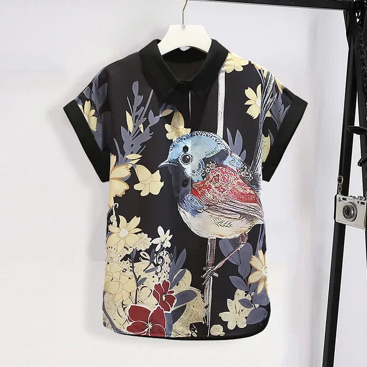 Chic Bird Floral Print Chiffon T-Shirt Casual Shorts