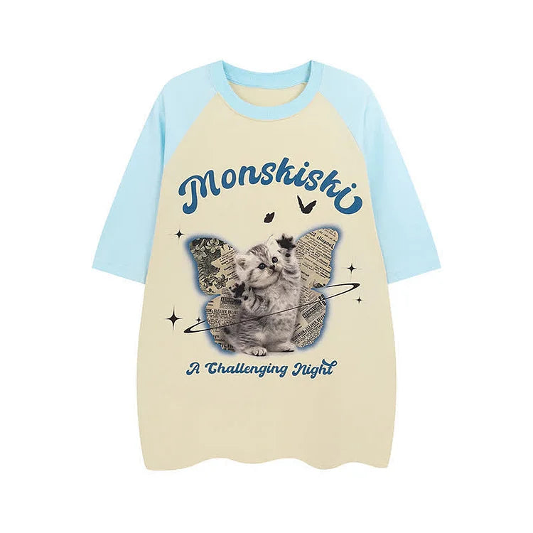 Kitty Butterfly Letter Print Round Neck Colorblock T-Shirt