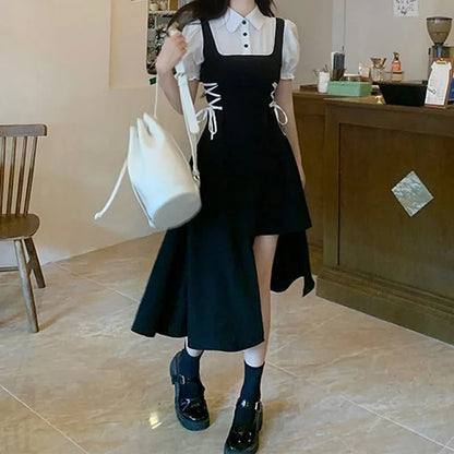 Irregualar Lapel Collar Puff Sleeve Lace Up Fake Two Piece Dress