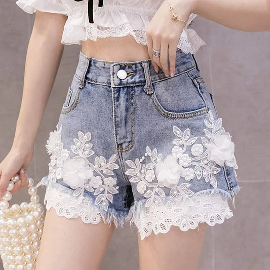 Blossom Lace Stitching Embroidery Denim Shorts