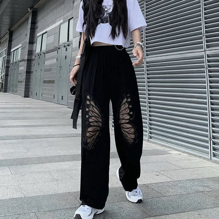 Gothic Hollow Out Lace Butterfly Pattern Straight Casual Pants