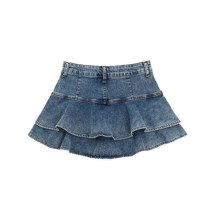 Denim Ruffle High Waist A-Line Mini Skirt