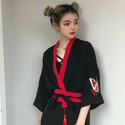 Vintage Fox Embroidery Tassel Cardigan Kimono Outerwear