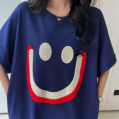 Smiling Face Print Split Loose T-Shirt Dress