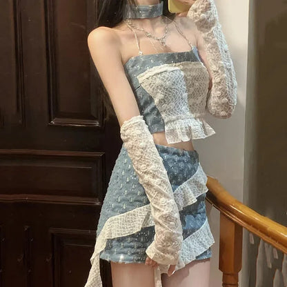 Lace Stitching Chic Denim Halter Crop Top High Waist Skirt