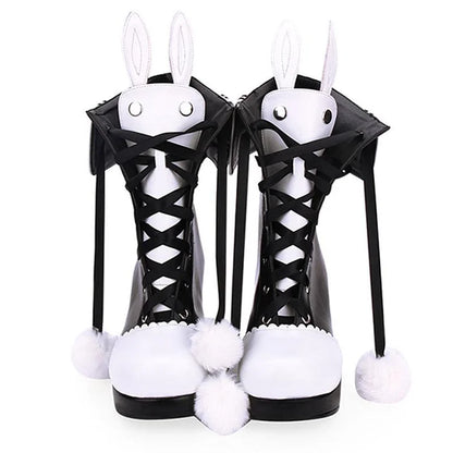 Lolita Bunny Ears Lace Up Fuzzy Ball Collar High Heel Boots