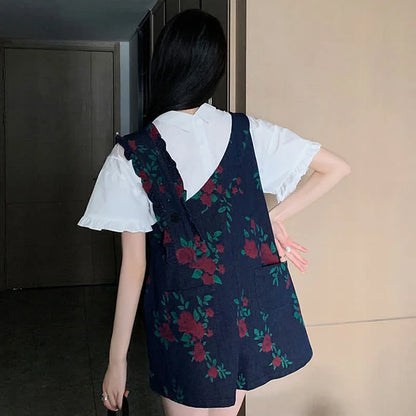 Hollow Out Butterfly Pattern T-Shirt Floral Print Denim Overalls Pants