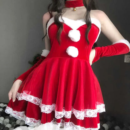 Christmas Cute Sexy Cosplay Fuzzy Ball Double Lace Dress