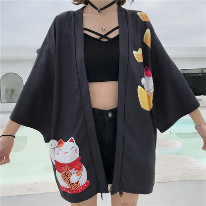 Vintage Fortune Cat Letter Print Cardigan Kimono Outerwear
